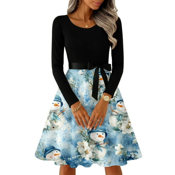 Christmas Dresses for Women Women's Casual Fashion Round Neck Long Sleeve Christmas Printed Party Vintage Long Dresses for Holiday Gathering,Sky Blue,M