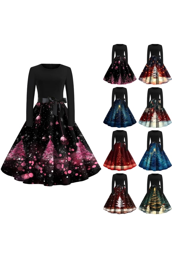 Christmas Dresses for Women Women's Christmas Printed Round Neck Big Hem Skirt Pleated Skirt Long Sleeved Dress with Christmas Tree Print for Holiday Party,Dark Blue,4XL