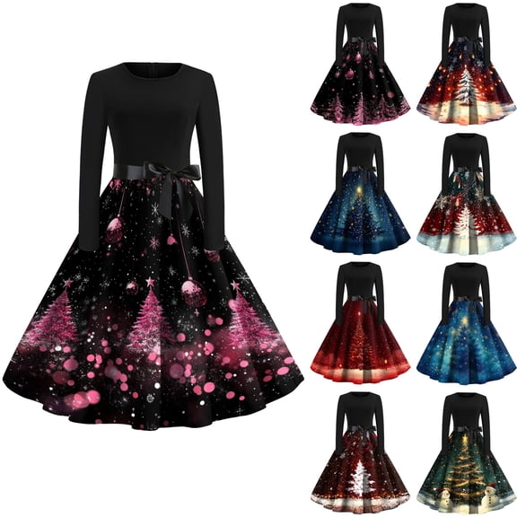 Christmas Dresses for Women Women's Christmas Printed Round Neck Big Hem Skirt Pleated Skirt Long Sleeved Dress with Christmas Tree Print for Holiday Party,Wine,5XL