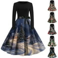 thumbnail image 1 of Christmas Dresses for Women Women's Christmas Printed Round Neck Big Hem Skirt Pleated Skirt Long Sleeved Dress with Christmas Tree and Snow House Print for Holiday Party,Dark Blue,S, 1 of 4