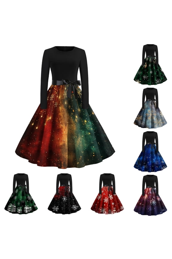 Christmas Dresses for Women Women's Christmas Printed Round Neck Big Hem Skirt Pleated Skirt Long Sleeved Dress with Snowflake and Gift Box Print for Holiday Party,Dark Green,M