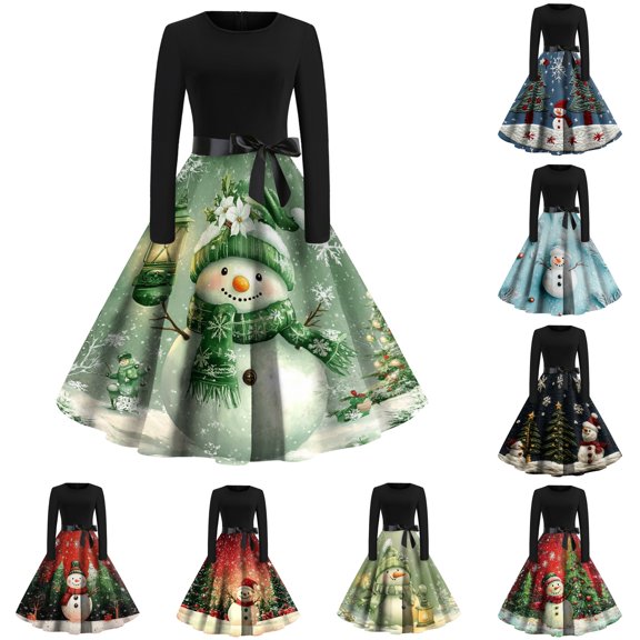 Christmas Dresses for Women Women's Christmas Printed Round Neck Big Hem Skirt Pleated Skirt Long Sleeved Dress with Snowman Print for Holiday Party,Light Green,L