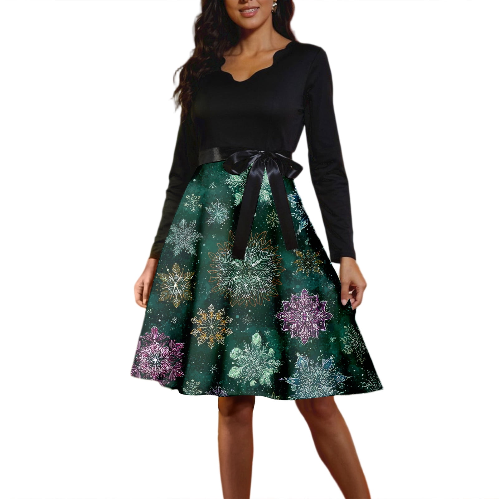 dark green christmas dress women Christmas Dresses for Women Women's Fashion Round Casual Slim Fit Christmas  Print Large Swing Long Sleeve Dress with V Neck for Holiday Party,Dark Green,XL