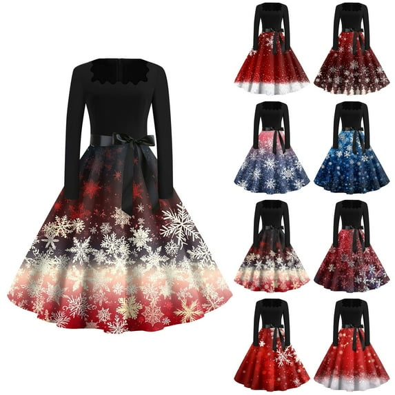 Christmas Dresses for Women Women's Fashion Round Neck Casual Slim Christmas Printed Long Sleeve Dresses with Square Collar for Christmas Party,Red,5XL