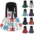 thumbnail image 1 of Christmas Dresses for Women Women's Fashion Temperament Autun And Winter Button Lapel Pocket Long Sleeve Retro Print Dress with Snowflake Christmas Print for Holiday Party,Red,L, 1 of 5