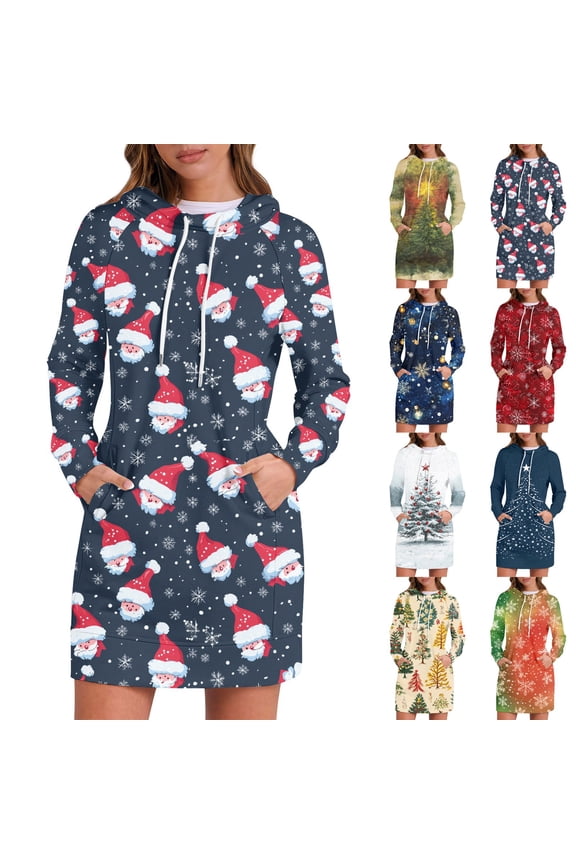 Christmas Dresses for Women Women's Sweatshirt Dress Long Sleeve Hoodies Dresses with Snowflake Christmas Tree Print for Casual Fall and Winter Wear,Yellow,S