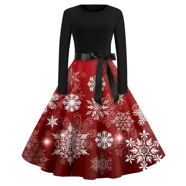 Christmas Dresses for Women 2024 Long Sleeve Crew Neck Vintage Hepburn