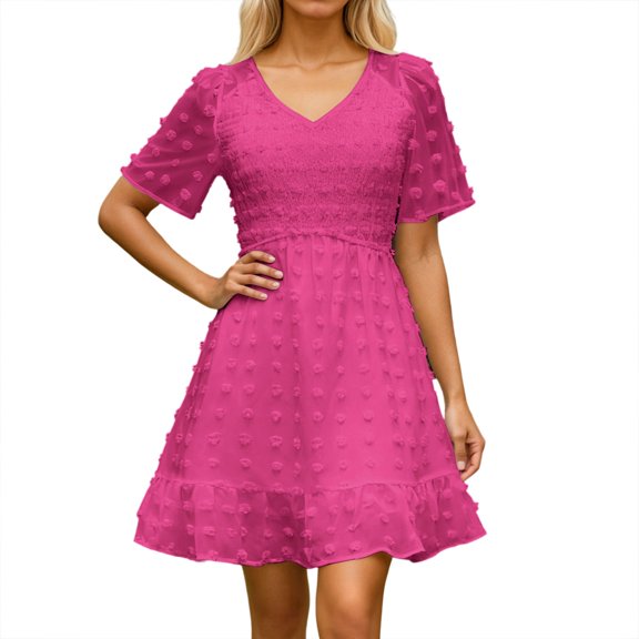 Christmas Dresses for Women Bride Dress Plus Size Casual Short Sleeve Dress Summer V Neck Flowy Chiffon Slim Fit Midi Length Comfortable Daily Wear