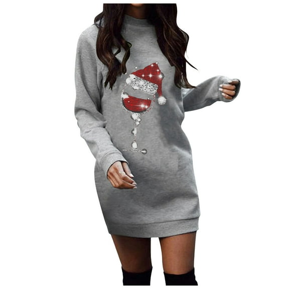 Christmas Dresses for Women Casual Long Pullover Long Sleeve Round Neck Mini Sweatshirt Dress Sweater Dresses