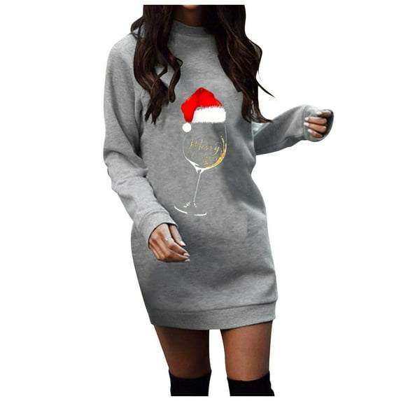 Christmas Dresses for Women Casual Long Pullover Long Sleeve Round Neck Mini Sweatshirt Dress Sweater Dresses