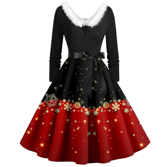 Christmas Dresses for Women Christmas Print Flare Dress For Women Long Sleeve Dress Hollow Party Casual Dresses with V Neck for Holiday Party,Red,L