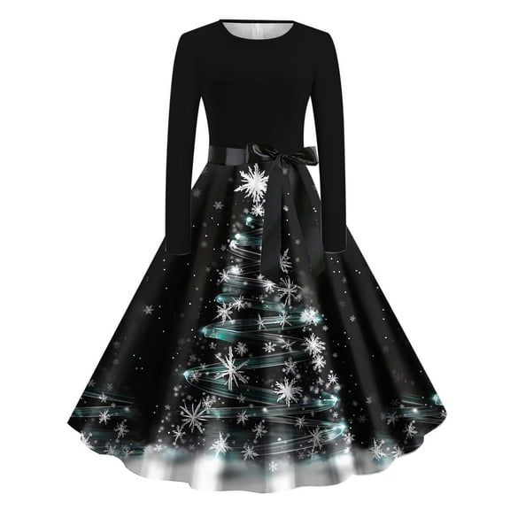 Christmas Dresses for Women Crew Neck Print Long Sleeve Casual Fashion Pullover Dress