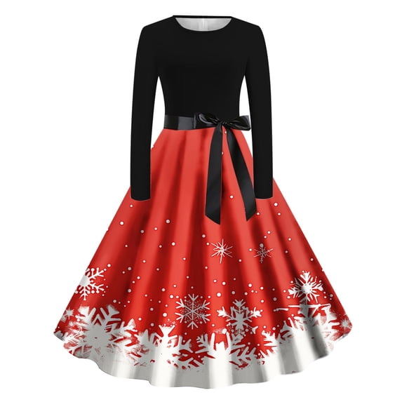 Christmas Dresses for Women Crew Neck Print Long Sleeve Casual Fashion Pullover Dress