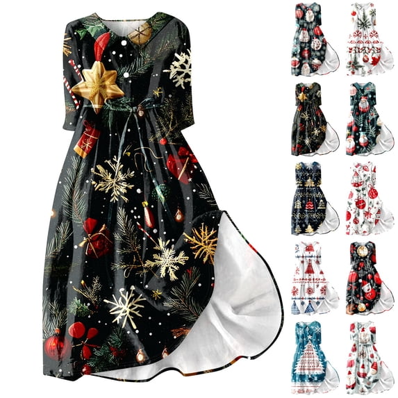 Christmas Dresses for Women Ladies Fashion Christmas Print Lapel Button-Down Seven-Quarter Cuff Strap-Up Dress for Christmas Party,Black,XL