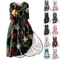thumbnail image 1 of Christmas Dresses for Women Ladies Fashion Christmas Print Lapel Button-Down Seven-Quarter Cuff Strap-Up Dress for Christmas Party,Blue,3XL, 1 of 5