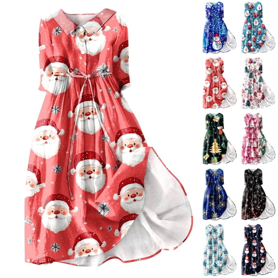 Christmas Dresses for Women Ladies Fashion Christmas Print Lapel Button-Down Seven-Quarter Cuff Strap-Up Dress for Christmas Party,White,S