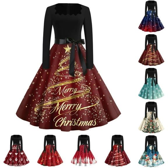 Christmas Dresses for Women Long Sleeve Flare Dress with Merry Christmas Print for Hollow Party Casual Square Collar Dresses,Dark Blue,L