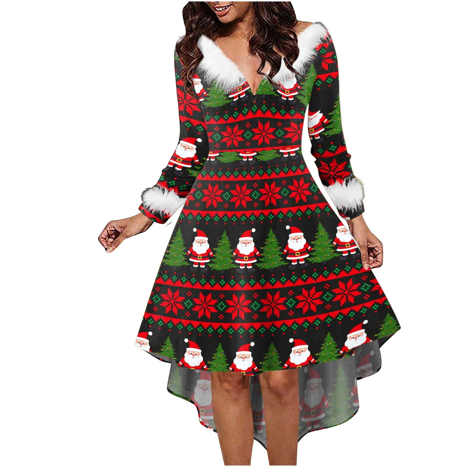 Christmas Dresses for Women Long Sleeve V Neck Furry Maxi Dress Aline