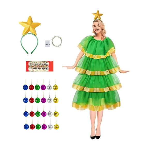 Christmas Dresses for Women Outfits Light Up LED Christmas Tree Costume with Colored Balls Stars and Clips for Xmas Party (S)