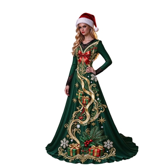 Santa Ress Christmas Dresses for Women Santa Gift Snowflake Print V Neck Long ...