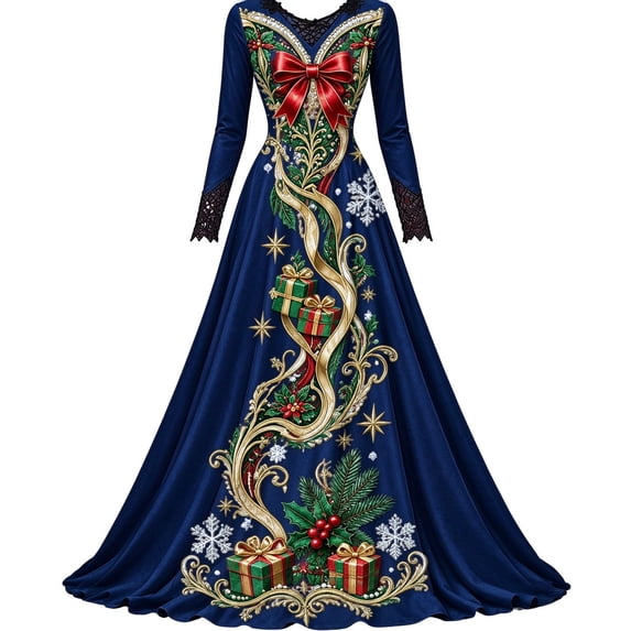 Santa Ress Christmas Dresses for Women Santa Gift Snowflake Print V Neck Long ...