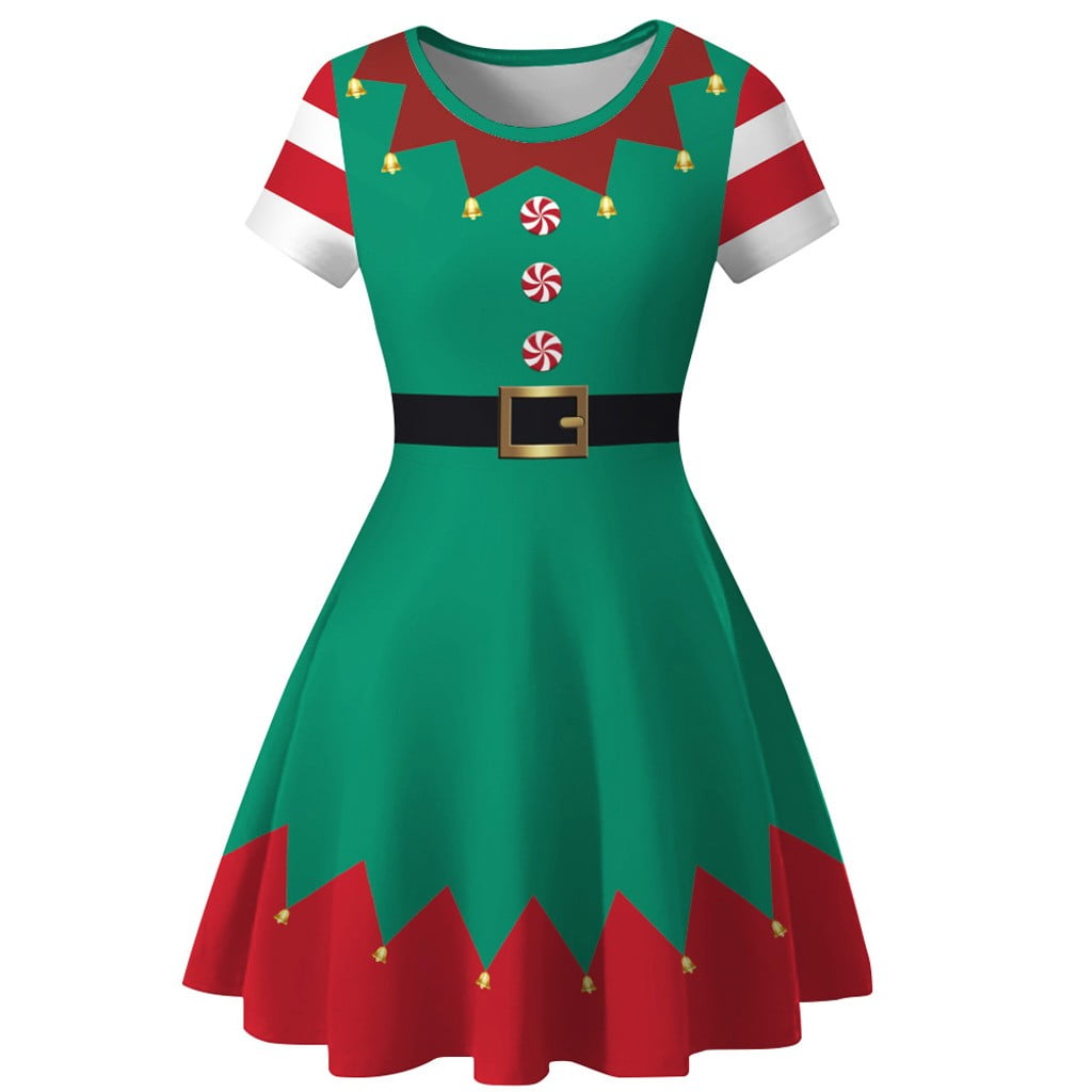 Christmas Dresses for Women Short Sleeve Round Neck Holiday Costume
