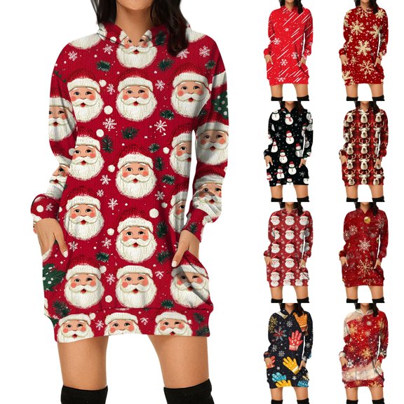 Christmas Dresses for Women Women's And Winter Hooded Sweatshirt Dress Print Dress with Christmas Print for Fall and Winter Casual,Red,S