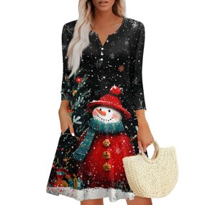 Christmas Dresses for Women Women's Christmas Printed Fashionable V-neck Button Seven Part Cuff Pocket Dress for Holiday Party,Black,L