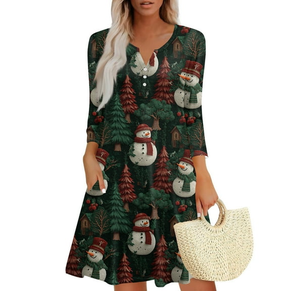 Christmas Dresses for Women Women's Christmas Printed Fashionable V-neck Button Seven Part Cuff Pocket Dress for Holiday Party,Black,XL
