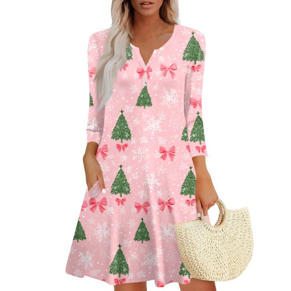 Christmas Dresses for Women Women's Christmas Printed Fashionable V-neck Button Seven Part Cuff Pocket Dress for Holiday Party,Light pink,XL
