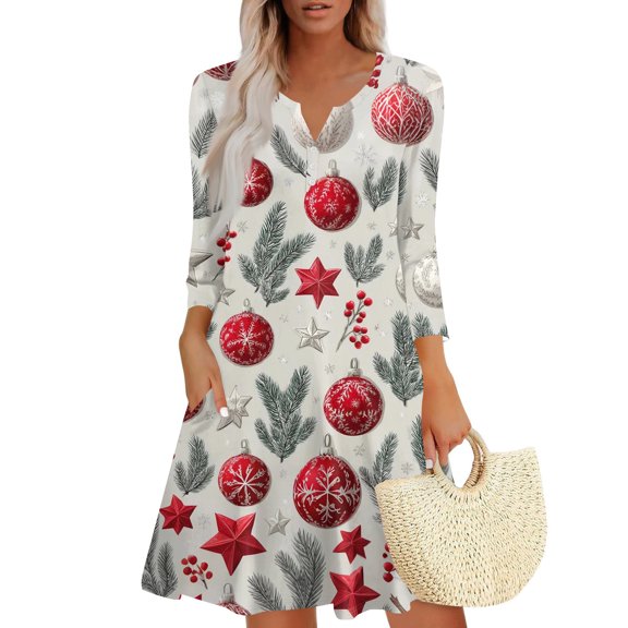 Christmas Dresses for Women Women's Christmas Printed Fashionable V-neck Button Seven Part Cuff Pocket Dress for Holiday Party,Watermelon Red,M
