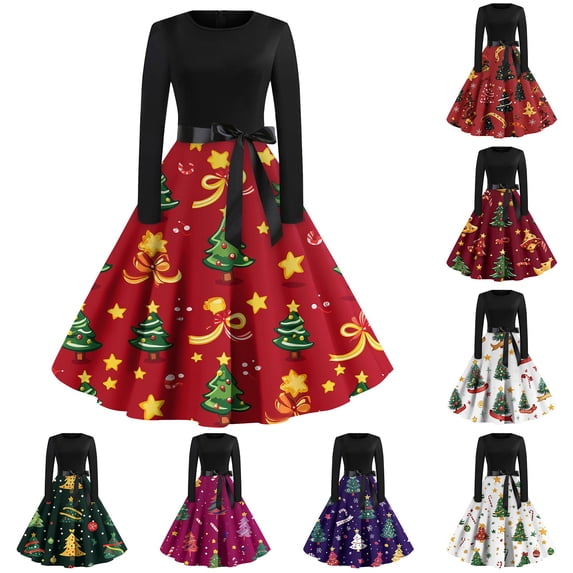 Christmas Dresses for Women Women's Christmas Printed Long Sleeve Round Neck Plus Size Evening Prom Dresses for Formal Christmas Party,Dark Purple,M