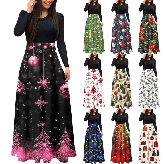 Christmas Dresses for Women Women's Fashion Casual Christmas Print Round Neck Long Sleeves Oversized Dress for Christmas Party,Navy,M