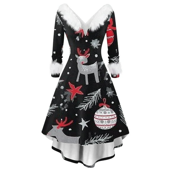 Christmas Dresses for Women Women's Fashion Elegant Autun And Winter Long Sleeve V-Neck Christmas Print Dress for Holiday Party,Black,M