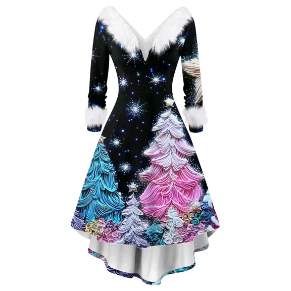 Christmas Dresses for Women Women's Fashion Elegant Autun And Winter Long Sleeve V-Neck Christmas Print Dress for Holiday Party,Black,S