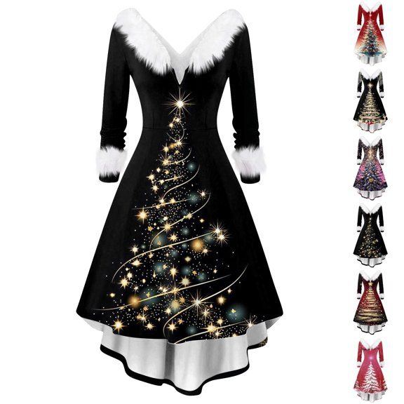 Christmas Dresses for Women Women's Fashion Elegant Autun And Winter Long Sleeve V-Neck Christmas Print Dress for Holiday Party,Pink,S