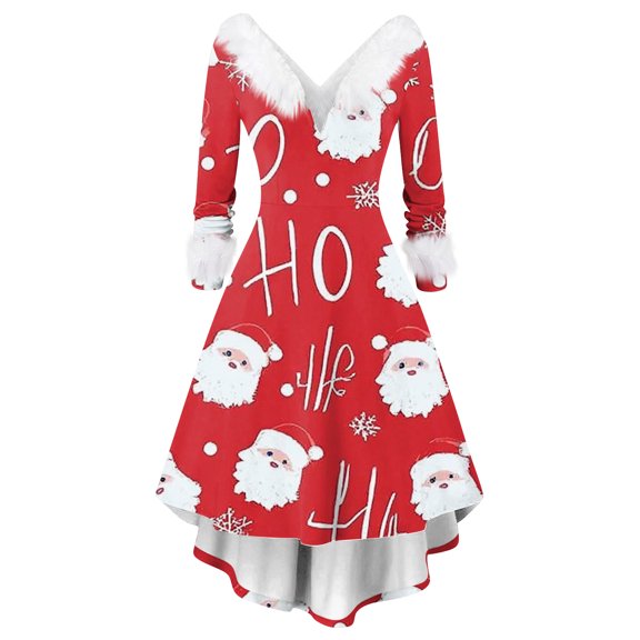 Christmas Dresses for Women Women's Fashion Elegant Autun And Winter Long Sleeve V-Neck Christmas Print Dress for Holiday Party,Red,S