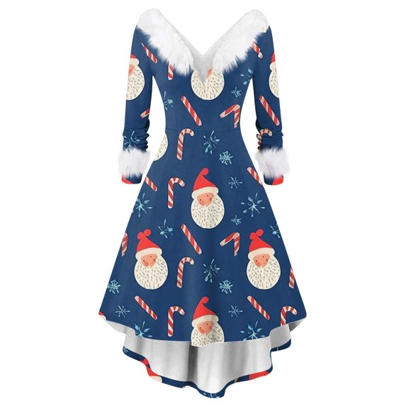 Christmas Dresses for Women Women's Fashion Elegant Autun And Winter Long Sleeve V-Neck Christmas Print Dress for Holiday Party,Royal Blue,M