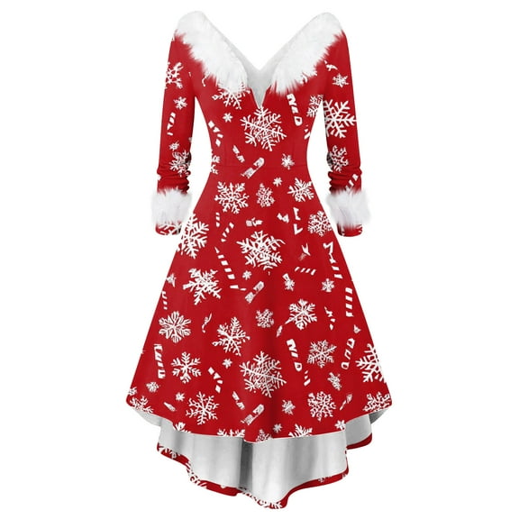 Christmas Dresses for Women Women's Fashion Elegant Autun And Winter Long Sleeve V-Neck Christmas Print Dress for Holiday Party,Wine,2XL