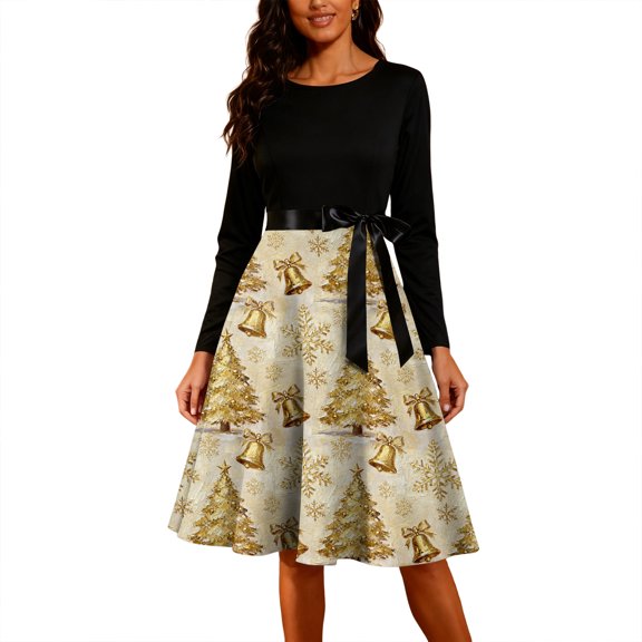 Christmas Dresses for Women Women's Fashion Round Casual Slim Fit Christmas Print Large Swing Long Sleeve Dress for Holiday Party,Gold,M