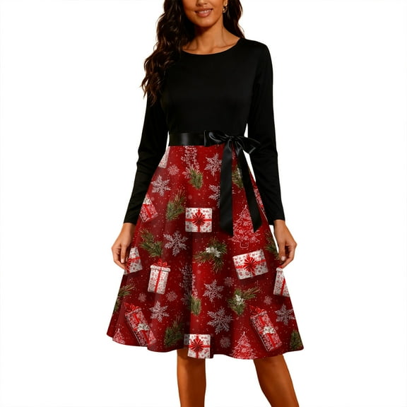 Christmas Dresses for Women Women's Fashion Round Casual Slim Fit Christmas Print Large Swing Long Sleeve Dress for Holiday Party,Red,XL