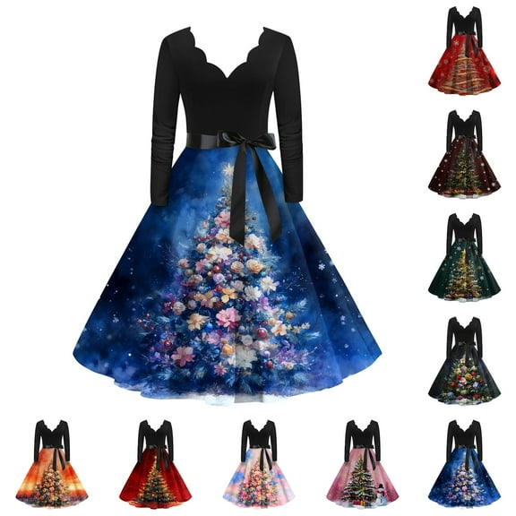 Christmas Dresses for Women Women's Fashion Round Casual Slim Fit Christmas Print Large Swing Long Sleeve Dress with V Neck for Holiday Party,Blue,L