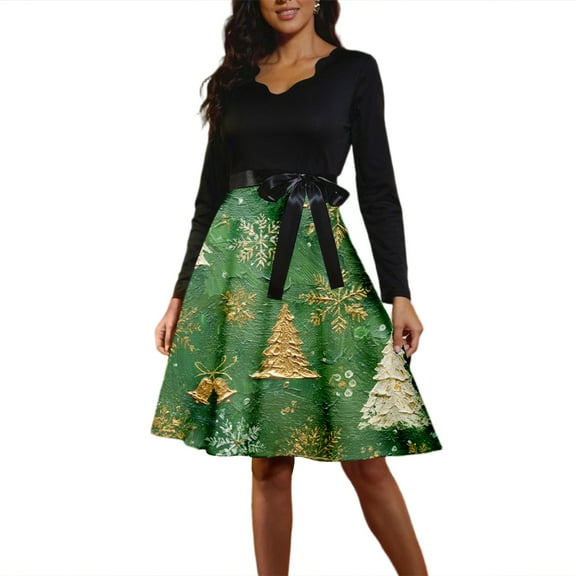 Christmas Dresses for Women Women's Fashion Round Casual Slim Fit Christmas Print Large Swing Long Sleeve Dress with V Neck for Holiday Party,Green,S
