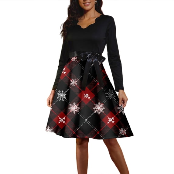 Christmas Dresses for Women Women's Fashion Round Casual Slim Fit Christmas Print Large Swing Long Sleeve Dress with V Neck for Holiday Party,Wine,XL
