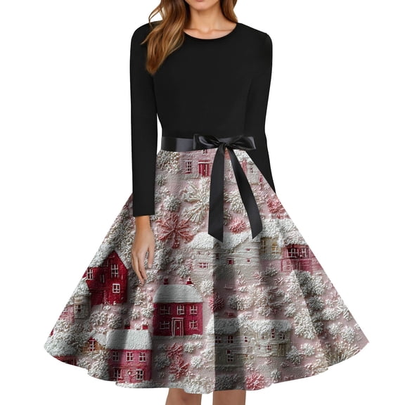 Christmas Dresses for Women Women's Fashion Round Neck Slim-Fit Christmas Print Long-Sleeved Dress for Christmas Party,Pink,L