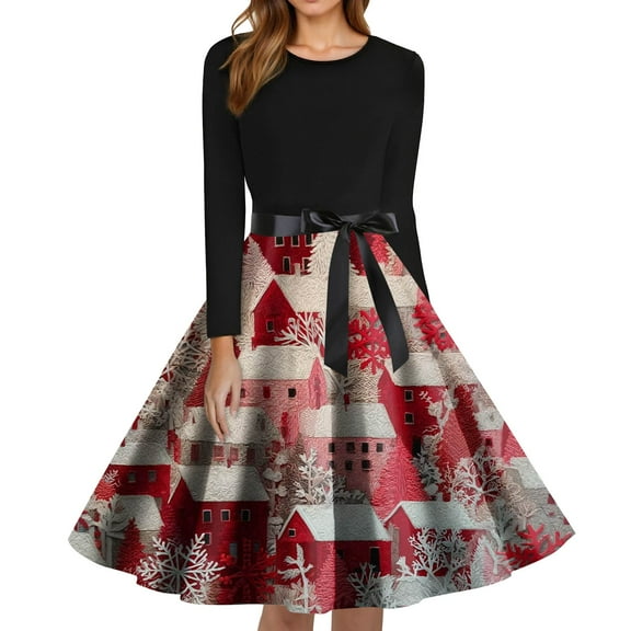 Christmas Dresses for Women Women's Fashion Round Neck Slim-Fit Christmas Print Long-Sleeved Dress for Christmas Party,Vermilion,S