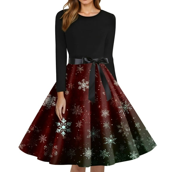 Christmas Dresses for Women Women's Fashion Round Neck Slim-Fit Christmas Print Long-Sleeved Dress for Christmas Party,Wine,L