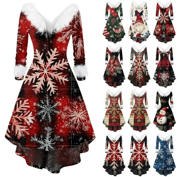 Christmas Dresses for Women Women's Fashion V-neck Casual Fit Christmas Print Party Long Sleeve Dress with Fur for Festive Occasion,Beige,L