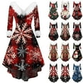 thumbnail image 1 of Christmas Dresses for Women Women's Fashion V-neck Casual Fit Christmas Print Party Long Sleeve Dress with Fur for Festive Occasion,Deep Red,5XL, 1 of 5
