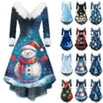 thumbnail image 1 of Christmas Dresses for Women Women's Fashion V-neck Casual Fit Christmas Print Party Long Sleeve Dress with Fur for Festive Occasion,Light Blue,4XL, 1 of 5